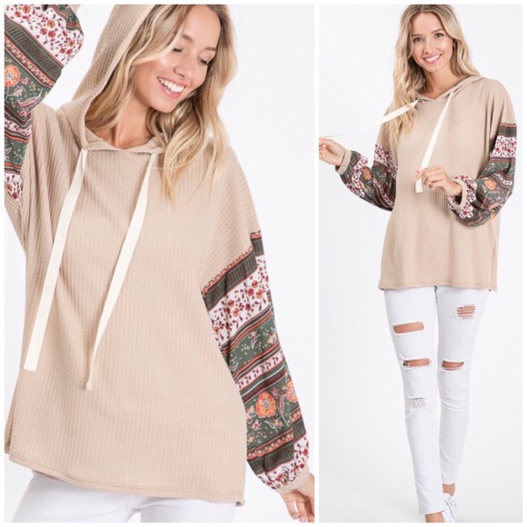 Tops - Boho Print Sleeve Thermal Waffle Hoodie Shirt